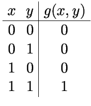 $\displaystyle \begin{array}{cc\vert c}
x & y & g(x,y)   \hline
0 & 0 & 0 \\
0 & 1 & 0 \\
1 & 0 & 0 \\
1 & 1 & 1
\end{array}$