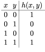 $\displaystyle \begin{array}{cc\vert c}
x & y & h(x,y)   \hline
0 & 0 & 1 \\
0 & 1 & 0 \\
1 & 0 & 0 \\
1 & 1 & 1
\end{array}$