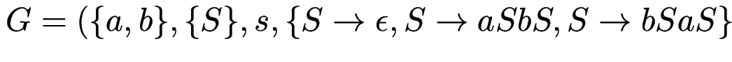 $ G = (\{a,b\}, \{S\}, s, \{ S \to \epsilon, S \to aSbS, S \to bSaS \}$