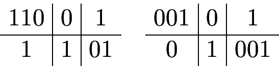 \begin{displaymath}
\begin{array}{c\vert c\vert c}
110 & 0 & 1   \hline
1 & ...
...vert c\vert c}
001 & 0 & 1   \hline
0 & 1 & 001
\end{array}\end{displaymath}