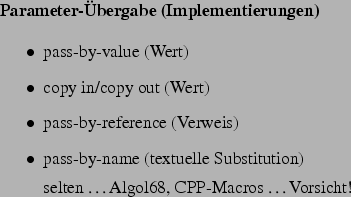 \begin{frame}[fragile,environment=slide]
\frametitle{Aufgaben zu Parameter-Modi ...
...oo << std::endl;
std::cout << bar << std::endl;
}\end{verbatim}
\par\end{frame}