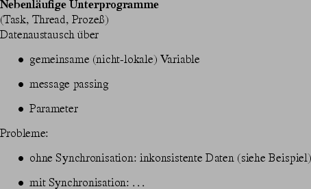 \begin{frame}[fragile,environment=slide]
\frametitle{Ziele der Synchronisation}
...
...munikation (cooperation synch.)
\par
Datentransport
\end{itemize}\par\end{frame}