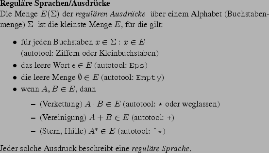 \begin{frame}[fragile,environment=slide]
\frametitle{bungen Reg. Ausdr.}
\par
\...
...em
Notation fr reg. Ausdr. in gngigen Werkzeugen
\end{itemize}\par\end{frame}
