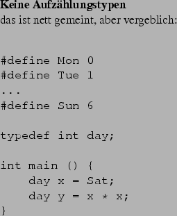 \begin{frame}[fragile,environment=slide]
\frametitle{Aufzhlungstypen in Java}
\...
... mit 7 Implementierungen)
\par
siehe bung (jetzt oder bei Objekten) \end{frame}
