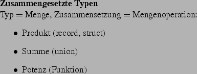 \begin{frame}[fragile,environment=slide]
\frametitle{Summen-Typen}
\par
$R = A \...
...ypedef union {
A a_value; B b_value; C c_value;
}\end{verbatim}
\par\end{frame}