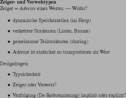 \begin{frame}[fragile,environment=slide]
\frametitle{Verweise (references) in C+...
... = 10; p = z; p = 8; cout << z;
vgl. p = *p = 8;\end{verbatim}
\par\end{frame}