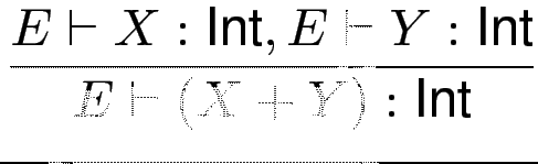 $\displaystyle {\frac{{E\vdash X : \text{Int},E\vdash Y : \text{Int}}}{{E \vdash (X+Y) : \text{Int}}}}$