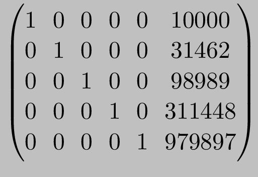 $ \begin{pmatrix}
1 & 0 & 0 & 0 & 0 & 10000 \\
0 & 1 & 0 & 0 & 0 & 31462 \\
...
...
0 & 0 & 0 & 1 & 0 & 311448 \\
0 & 0 & 0 & 0 & 1 & 979897 \\
\end{pmatrix}$